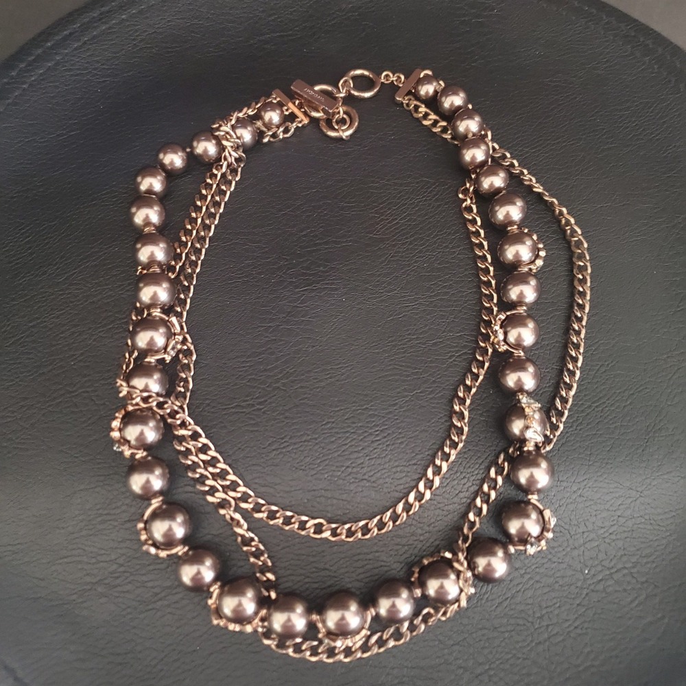 Givenchy Triple Strand Necklace Bronze Tone Beads with Crystal Accents Toggle‎ - Picture 2 of 12